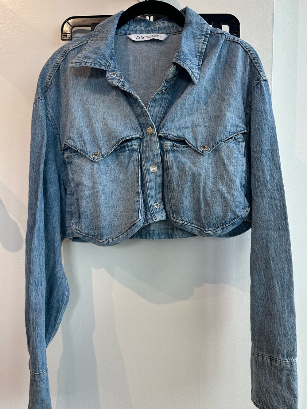 Zara Light Blue Cropped Denim Button-Down Shirt